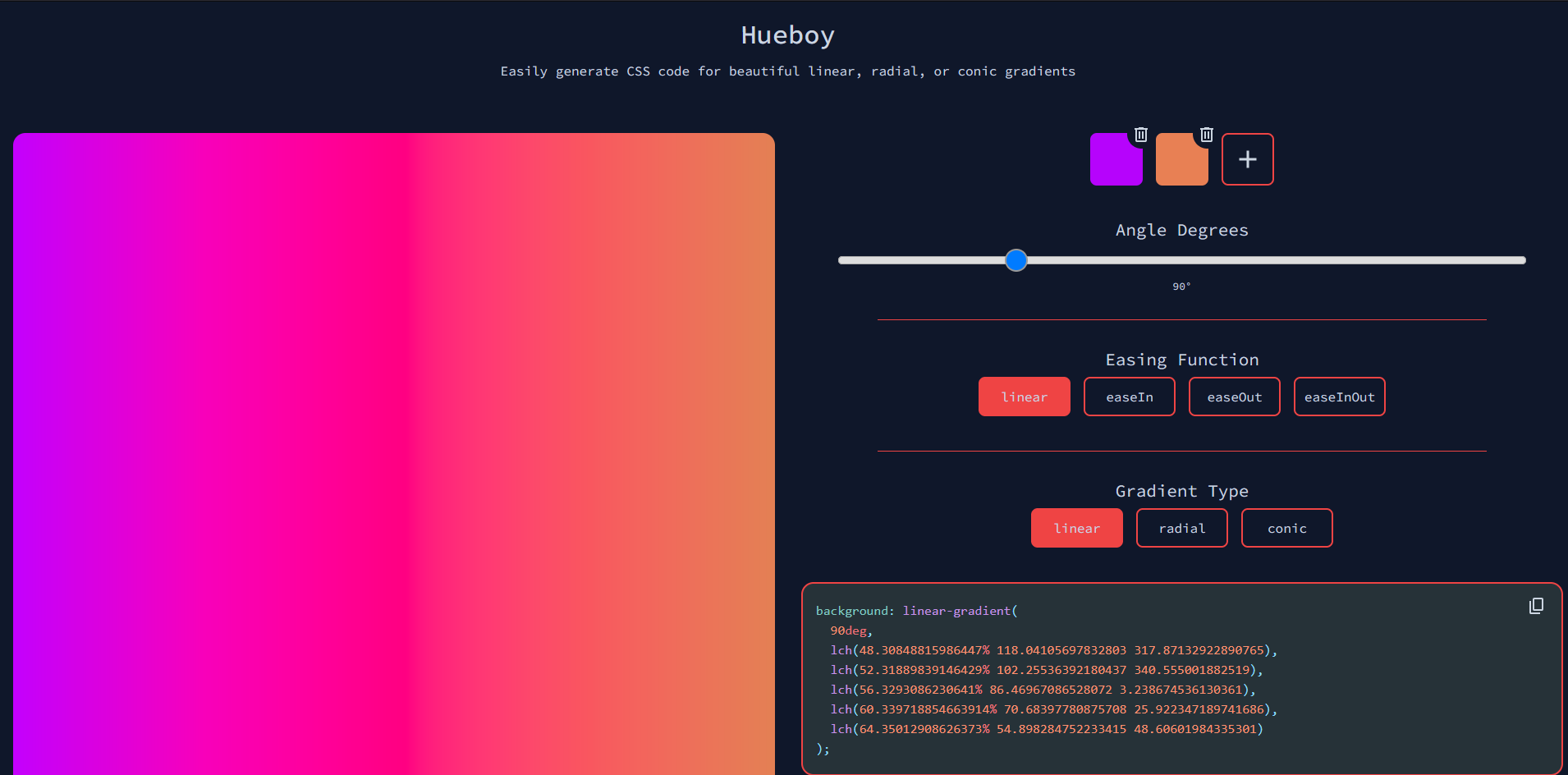 Hueboy CSS gradient generator